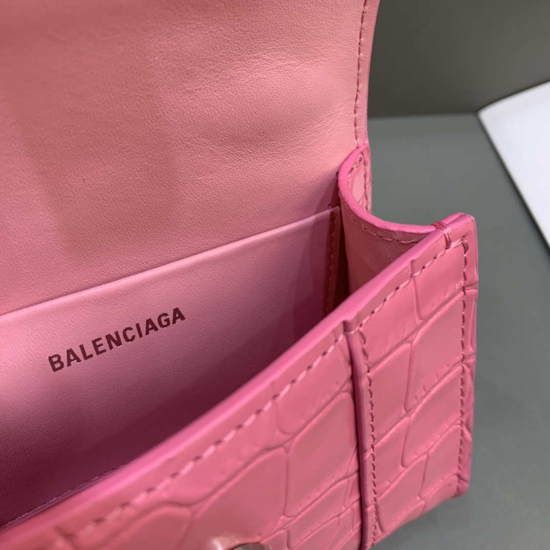 Balenciaga Hourglass Mini Handbag With Chain Crocodile Embossed Shoulder Bag Pink